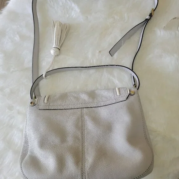 KATE‎ SPADE Light Gray White Leather Top Handle Saddle Convertible Preppy Bag - Picture 2 of 12